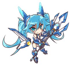 Rule 34 | 1girl, armor, blue eyes, blue footwear, blue hair, boots, chibi, cleavage cutout, clothing cutout, frown, full body, gloves, kubota (pixiv), long hair, matching hair/eyes, mecha musume, no nose, ore twintail ni narimasu, polearm, solo, spear, tailblue, thigh boots, thighhighs, tsube aika, twintails, weapon, white background