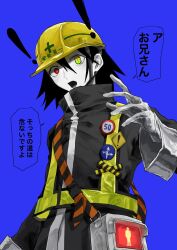 Rule 34 | 1other, androgynous, black coat, black hair, blue background, blush, coat, colored skin, commentary, floating headgear, gloves, hair between eyes, hand up, hard hat, haruichi (haru bf783a), headgear, helmet, heterochromia, high-visibility vest, high collar, highres, long sleeves, looking at viewer, michishirube kiro, open mouth, pedestrian lights, short hair, shoulder strap, sleeve cuffs, solo, speech bubble, translation request, two-tone eyes, upper body, utau, white gloves, white skin, wide-eyed