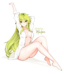 Rule 34 | 1girl, arm up, artist name, bare legs, barefoot, blush, breasts, elsword, full body, green eyes, green hair, hair intakes, large breasts, long hair, looking at viewer, mal poi, medium breasts, naked shirt, navel, open mouth, pointy ears, rena erindel, shirt, simple background, sitting, solo, white background, white shirt