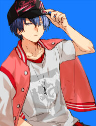 Rule 34 | 1boy, adjusting clothes, adjusting headwear, aoyagi touya, arm up, azusawa kohane, azusawa kohane (cosplay), baseball cap, blue background, blue hair, buttons, closed mouth, commentary request, cosplay, dark blue hair, grey eyes, hair between eyes, hat, hinata (ryohinata), jacket, jacket on shoulders, jewelry, male focus, mole, mole under eye, multicolored hair, necklace, open clothes, open jacket, partial commentary, project sekai, shirt, short sleeves, sideways glance, simple background, solo, split-color hair, t-shirt, upper body
