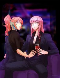 Rule 34 | 2girls, alternate costume, alternate hairstyle, black jacket, black pants, black suit, blush, breasts, business suit, cleavage, collared shirt, couple, cup, drinking glass, earrings, feather earrings, feathers, formal, gradient hair, hand on another&#039;s hip, highres, holding, hololive, hololive english, iskaydi, jacket, jewelry, large breasts, long hair, looking at viewer, medium breasts, mori calliope, multicolored hair, multiple girls, open mouth, orange hair, pants, pink hair, ponytail, purple eyes, shirt, suit, suit jacket, takanashi kiara, virtual youtuber, wine glass, yuri