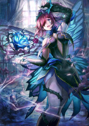 Rule 34 | 1girl, arm up, bare shoulders, blue eyes, blue flower, blue rose, breasts, bridal gauntlets, bug, butterfly, butterfly wings, center opening, cleavage, dress, facial mark, fairy wings, fire emblem, fire emblem heroes, floating, floating object, flower, gradient clothes, hair over one eye, hair vines, highres, indoors, insect, insect wings, large breasts, lightning, nintendo, open mouth, plant, purple flower, purple hair, purple rose, rose, solo, teeth, thorns, triandra (fire emblem), vines, white butterfly, wings, yasu8hasu