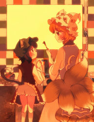 Rule 34 | 2girls, animal ears, bad id, bad pixiv id, bloomers, cat ears, cat girl, cat tail, chen, cooking, earrings, female focus, fox tail, from behind, gjf, hat, heart, heart tail, jewelry, ladle, monochrome, multiple girls, multiple tails, orange theme, tail, touhou, underwear, yakumo ran