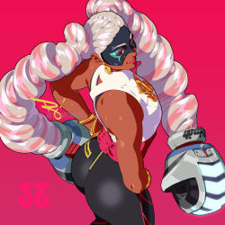Rule 34 | 1girl, arms (game), ass, ass focus, bare shoulders, black pants, boxing gloves, bracelet, chilla (arms), cropped legs, dark-skinned female, dark skin, domino mask, drill hair, earrings, hands on own hips, jewelry, lips, long hair, mask, multicolored hair, pants, pink background, pink hair, ribbon hair, smile, solo, standing, the art mage, twin drills, twintails, twintelle (arms), very long hair
