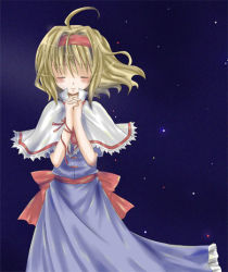 Rule 34 | 1girl, ahoge, alice margatroid, blonde hair, blush, closed eyes, female focus, own hands clasped, hasumi yuu, night, own hands together, short hair, solo, touhou