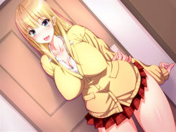 Rule 34 | 1girl, arms behind back, bare legs, blazer, blonde hair, blush, breasts, cleavage, collarbone, collared shirt, door, dutch angle, eyebrows, green eyes, happy, highres, huge breasts, indoors, jacket, legs, long hair, long sleeves, looking at viewer, miniskirt, nabesekizaiten, open mouth, original, plaid, plaid skirt, school uniform, shiny skin, shirt, skirt, solo, standing, sweater, thighs
