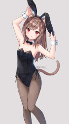 Rule 34 | 1girl, :3, animal ear fluff, animal ears, anz32, arms up, bare shoulders, black bow, black bowtie, black leotard, bow, bowtie, breasts, brown hair, brown pantyhose, cat ears, cat girl, cat tail, closed mouth, collar, collarbone, commentary request, detached collar, fake animal ears, fishnet pantyhose, fishnets, grey background, half updo, leotard, nina (anz32), original, pantyhose, playboy bunny, rabbit ears, red eyes, simple background, small breasts, smile, solo, strapless, strapless leotard, tail, twitter username, white collar, white wrist cuffs, wing collar, wrist cuffs