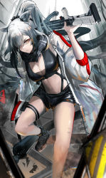 Rule 34 | 1girl, absurdres, animal ears, arknights, black footwear, black shorts, bow (weapon), breasts, cat ears, cleavage, commentary, crop top, crossbow, foot out of frame, hair over one eye, hand up, highres, hiyayao, jacket, large breasts, long hair, looking at viewer, midriff, open clothes, open jacket, schwarz (arknights), shoes, short shorts, shorts, silver hair, solo, stomach, thigh strap, thighs, weapon, white jacket, yellow eyes