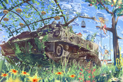 Rule 34 | 2girls, apple, bird, birdcage, blonde hair, brown hair, bug, butterfly, cage, cloud, daito, day, dress, flower, food, fruit, grass, hat, insect, ivy, long hair, military, military vehicle, motor vehicle, multiple girls, original, outstretched arm, scenery, side ponytail, skirt, sky, swing, tank, tree, vehicle