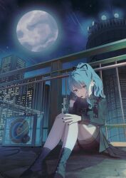 Rule 34 | 1girl, black gloves, blue eyes, blue hair, boots, city, earrings, full moon, gloves, highres, hololive, hoshimachi suisei, jewelry, looking at viewer, maria onnette, microphone, moon, night, night sky, outdoors, ponytail, shooting star, shorts, sky, solo, star (sky), virtual youtuber