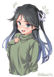 Rule 34 | 1girl, alternate costume, alternate hairstyle, arm at side, black hair, blue eyes, blue hair, blush, breasts, cropped arms, cropped torso, ebifurya, gradient hair, green shirt, hair ribbon, hand on own chest, highres, kantai collection, katsuragi (kancolle), long hair, long sleeves, multicolored hair, open mouth, parted bangs, ponytail, ribbon, shirt, simple background, small breasts, solo, turtleneck, twitter username, two side up, very long hair, white background, white ribbon