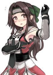 Rule 34 | 3girls, armpits, black gloves, black neckwear, blush, breasts, brown eyes, brown hair, chibi, dress, elbow gloves, flying sweatdrops, frilled dress, frills, giant, giantess, gloves, green headband, headband, jintsuu (kancolle), jintsuu kai ni (kancolle), kantai collection, long hair, looking at another, medium breasts, mini person, minigirl, multiple girls, naka (kancolle), on person, parted lips, red dress, sailor collar, sendai (kancolle), sideboob, sidelocks, simple background, size difference, upper body, utopia, white background