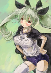Rule 34 | 10s, 1girl, alternate breast size, alternate legwear, anchovy (girls und panzer), blouse, blush, braid, breast hold, breasts, brown hair, buruma, cape, girls und panzer, green background, green hair, gym uniform, hair ribbon, hands on own hips, impossible clothes, impossible shirt, long hair, looking at viewer, open mouth, ribbon, ringlets, shirt, solo, thighhighs, twin braids, twintails, v-shaped eyebrows, white shirt, white thighhighs, yohane