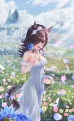 Rule 34 | 1girl, animal ears, artist name, basket, blue flower, blue rose, blush, breasts, brown hair, cloud, dress, floating island, flower, grass, hair over one eye, hairband, highres, horse ears, horse girl, horse tail, large breasts, long hair, off-shoulder dress, off shoulder, one eye covered, open mouth, petals, purple eyes, rice shower (umamusume), rose, sky, solo, tail, titania lifeart, tree, umamusume, white dress