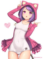Rule 34 | 1girl, animal ears, animal hood, breasts, cat ears, cat tail, collarbone, gluteal fold, hair ornament, hairclip, heart, hood, hooded jacket, jacket, looking at viewer, medium breasts, old school swimsuit, one-piece swimsuit, open clothes, open jacket, original, purple eyes, purple hair, sasaame, school swimsuit, short hair, solo, swimsuit, tail, twitter username, white background, white school swimsuit, white one-piece swimsuit
