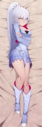 Rule 34 | 1girl, absurdres, annoyed, bed, boots, breasts, cleavage, crossed arms, highres, jacket, large breasts, legs, long hair, long sleeves, looking at viewer, lying, on back, ponytail, ravenravenraven, rwby, scar, scar across eye, scar on face, skirt, solo, thighs, weiss schnee, white hair