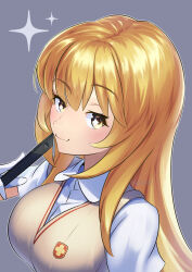 Rule 34 | 1girl, absurdres, blonde hair, breasts, brown sweater vest, closed mouth, collared shirt, controller, gloves, highres, holding, holding remote control, large breasts, long hair, looking at viewer, remote control, school emblem, school uniform, shirt, shokuhou misaki, short sleeves, simple background, smile, solo, sparkle, sparkling eyes, summer uniform, sweater vest, toaru kagaku no mental out, toaru kagaku no railgun, toaru majutsu no index, tokiwadai school uniform, upper body, upsilon3219, white gloves, white shirt, yellow eyes
