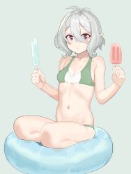Rule 34 | 1girl, absurdres, antenna hair, bikini, breasts, brown eyes, closed mouth, cushion, elf, food, green background, grey hair, hair between eyes, highres, holding, hoshiya takahito, kokkoro (princess connect!), looking at viewer, navel, pointy ears, popsicle, princess connect!, short hair, simple background, sitting, small breasts, solo, stomach, swimsuit