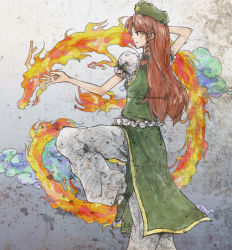 Rule 34 | 1girl, braid, china dress, chinese clothes, dragon, dress, enola (ebanataw), female focus, fighting, fighting stance, fire, gradient background, hat, hong meiling, long hair, pants, red eyes, red hair, solo, stance, star (symbol), touhou, touhou hisoutensoku, twin braids