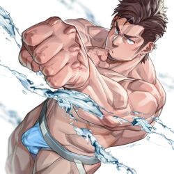 Rule 34 | 1boy, bara, blue eyes, blue male underwear, brown hair, bulge, clenched hands, closed mouth, earrings, facial hair, highres, hima (nichikan), jewelry, jockstrap, large pectorals, male focus, male underwear, muscular, muscular male, original, pectorals, short hair, sideburns, solo, splashing, underwear, water