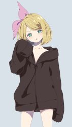 Rule 34 | 1girl, black hoodie, blonde hair, bow, collarbone, frown, green eyes, hair bow, head tilt, highres, hood, hoodie, kagamine rin, lace-trimmed sleeves, lace trim, long sleeves, looking at viewer, naked hoodie, noa (retsuhim6927), oversized clothes, pale skin, pink bow, sleeves past fingers, sleeves past wrists, solo, swept bangs, tareme, tongue, tongue out, very long sleeves, vocaloid, zipper