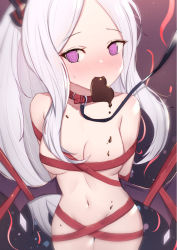 Rule 34 | 1girl, @ @, arms behind back, black wings, blue archive, blush, bound, breasts, candy, chocolate, chocolate heart, closed mouth, collar, commentary request, food, food in mouth, groin, heart, highres, hina (blue archive), leash, long hair, low wings, medium breasts, mouth hold, naked ribbon, navel, nose blush, parted bangs, ponytail, purple eyes, red collar, red ribbon, ribbon, ribbon bondage, sidelocks, silver hair, solo, sweat, thigh gap, uneg, valentine, very long hair, viewer holding leash, wings