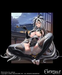 1girl ass ass_focus black_hair breasts cuboon evertale full_body gold grey_hair highres ishikawa_goemon_(evertale) japanese_clothes large_breasts long_hair multicolored_hair ninja official_art open_mouth ponytail thick_thighs thighs toes two-tone_hair white_hair yellow_eyes