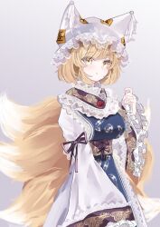 Rule 34 | 1girl, :3, animal ears, animal hat, blonde hair, blue tabard, closed mouth, commentary request, cowboy shot, dress, fox ears, fox tail, frilled sleeves, frills, hand up, hat, highres, lace-trimmed headwear, lace trim, long sleeves, looking at viewer, multiple tails, sarasadou dan, short hair, solo, tabard, tail, touhou, white dress, wide sleeves, yakumo ran, yellow eyes