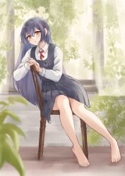 Rule 34 | 1girl, absurdres, barefoot, blue dress, blue hair, blurry, blurry background, blurry foreground, brown eyes, collared shirt, commission, depth of field, dress, feet, free palet, full body, hair between eyes, highres, knees together feet apart, kohinata kuon, leaning to the side, legs, long hair, long sleeves, original, outdoors, pleated dress, second-party source, shirt, short dress, sidelocks, sitting, solo, toenails, toes, white shirt
