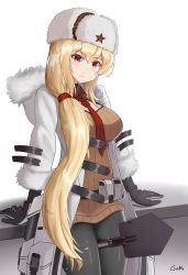 Rule 34 | 1girl, arms behind back, artist name, belt bag, black gloves, black pantyhose, blonde hair, blush, breasts, brown sweater, closed mouth, coat, commentary, cosplay, english commentary, feet out of frame, fur-trimmed coat, fur-trimmed sleeves, fur hat, fur trim, gamryous, girls&#039; frontline, gloves, hat, hat ornament, highres, long hair, long sleeves, looking at viewer, medium breasts, mod3 (girls&#039; frontline), mosin-nagant (girls&#039; frontline), mosin-nagant (girls&#039; frontline) (cosplay), mosin-nagant (mod3) (girls&#039; frontline), necktie, open clothes, open coat, pantyhose, papakha, red eyes, red necktie, red star, shovel, smile, solo, standing, star (symbol), star hat ornament, sv-98 (girls&#039; frontline), sweater, white background, white coat, white hat