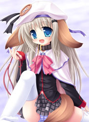 Rule 34 | 1girl, animal ears, blue eyes, bow, collar, fang, little busters!, noumi kudryavka, panties, pink bow, solo, striped clothes, striped panties, tail, thighhighs, underwear, white hair, yokuran