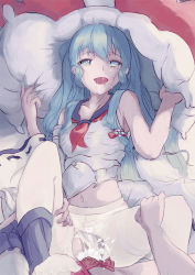 Rule 34 | 1girl, :d, bed, blue eyes, blue hair, breasts, clothed sex, clothes lift, clothing aside, cum, cum in pussy, cum on clothes, detached sleeves, disembodied hand, full body, hair ornament, hand on another&#039;s leg, holding, holding pillow, leg lift, lingmu xizhizhu, long hair, long sleeves, looking at viewer, lying, messy hair, midriff, nail polish, navel, on back, open mouth, out of frame, panties, panties aside, pantyhose, pillow, pov, sailor collar, sailor shirt, saliva, sex, shirayuki (warship girls r), shirt, shirt lift, skirt, unworn skirt, smile, solo focus, tears, toes, torn clothes, torn legwear, underwear, vaginal, warship girls r, white pantyhose, white shirt, wide sleeves