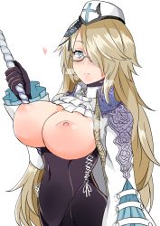 Rule 34 | 1girl, blonde hair, bloodstained: curse of the moon 2, bloodstained (series), blue eyes, breasts, dominique (bloodstained), glasses, hat, highres, long hair, looking at viewer, nipples, one eye covered, ririfu, simple background, solo, white background