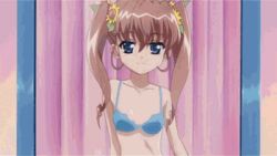 Rule 34 | &gt; &lt;, 00s, 1girl, animated, animated gif, armpits, blue eyes, bra, breasts, brown hair, cleavage, closed eyes, come hither, dressing room, fang, hair between eyes, hand on own hip, indoors, lingerie, lowres, mirror, model pose, nogizaka haruka no himitsu, nogizaka mika, reflection, solo, twintails, underwear, underwear only