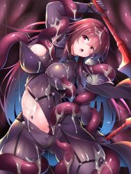 Rule 34 | 1girl, absurdres, armor, bodysuit, breasts, c.r., fate/grand order, fate (series), gae bolg (fate), gluteal fold, highres, holding, holding weapon, large breasts, long hair, looking at viewer, midriff, open mouth, pauldrons, polearm, purple bodysuit, purple hair, red eyes, restrained, scathach (fate), scathach (fate), shoulder armor, skin tight, spear, tentacles, torn bodysuit, torn clothes, very long hair, weapon