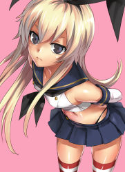 Rule 34 | 10s, 1girl, blonde hair, blue eyes, breasts, female focus, gloves, hairband, kantai collection, long hair, ribbon, sailor collar, shimakaze (kancolle), shiromi (ringo), skirt, small breasts, solo, striped clothes, striped thighhighs, thighhighs
