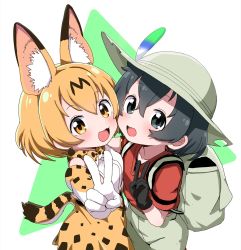 Rule 34 | 2girls, :d, animal ear fluff, animal ears, backpack, bag, beige headwear, beige shorts, black eyes, black gloves, black hair, blonde hair, blouse, blush, bowtie, breasts, cheek-to-cheek, collarbone, commentary request, elbow gloves, flat chest, from above, gloves, green background, hair between eyes, hat, heads together, highres, kaban (kemono friends), kemono friends, looking at viewer, medium breasts, multiple girls, nekonyan (inaba31415), open mouth, orange skirt, red shirt, serval (kemono friends), serval print, shirt, short hair, simple background, skirt, smile, standing, traditional bowtie, triangle, two-tone background, upper body, v, white background, white shirt, yellow eyes, yuri