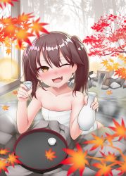 Rule 34 | 1girl, autumn leaves, bad id, bad twitter id, blurry, bottle, brown eyes, brown hair, collarbone, cup, depth of field, fang, flat chest, highres, kantai collection, kirigakure (kirigakure tantei jimusho), leaf, maple leaf, naked towel, one eye closed, onsen, open mouth, ryuujou (kancolle), sake bottle, smile, solo, towel, tray, tree, branch, twintails, wet