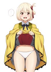 Rule 34 | ..., 1girl, :d, blonde hair, blue ribbon, blush, clothes lift, dress, gluteal fold, hair ribbon, highres, lifted by self, lycoris recoil, lycoris uniform, mibushiro, navel, neck ribbon, nishikigi chisato, one side up, open mouth, poncho, red eyes, red ribbon, ribbon, short hair, simple background, skindentation, skirt, skirt lift, smile, solo, speech bubble, spoken ellipsis, sweatdrop, thighs, white background, wing collar, yellow dress