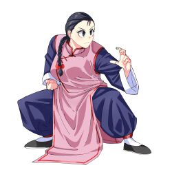 1girl changpao china_dress chinese_clothes dragon_ball dragonball_z dress fighting fighting_stance genderswap genderswap_(mtf) hair_ribbon highres kokoro_no_koibito kung_fu martial_arts monk pink_dress red_ribbon ribbon self-upload shaolin_monk tangzhuang tao_pai_pai training