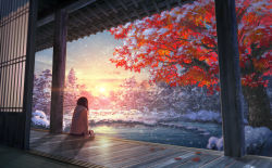 Rule 34 | 1girl, absurdres, highres, lake, lens flare, long hair, natsu (hottopeppa3390), original, pond, porch, revision, scarf, scenery, sitting, snow, snowing, solo, sun, sunset, wide shot, winter