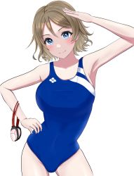 Rule 34 | 1girl, blue eyes, blush, competition swimsuit, grey hair, highres, looking at viewer, love live!, love live! sunshine!!, one-piece swimsuit, salute, short hair, smile, standing, swimming goggles, swimsuit, tunakan moe, watanabe you, white background