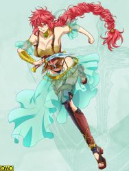 Rule 34 | 1girl, attack, braid, breasts, dagger, female focus, gradient background, knife, large breasts, matching hair/eyes, omc, one eye closed, red eyes, red hair, smile, solo, weapon, wink