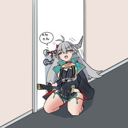 Rule 34 | 1girl, akaoni (zumt3548), antenna hair, armor, asymmetrical horns, azur lane, black choker, black coat, black dress, breasts, choker, cleavage, coat, collarbone, commentary request, door, door handle, dress, full body, hair between eyes, hakuryuu (azur lane), holding, holding shoes, horns, indoors, japanese armor, kneeling, large breasts, long sleeves, looking to the side, mismatched horns, motion lines, ootachi, open clothes, open coat, open mouth, pleated dress, shadow, sheath, sheathed, shoes, sidelocks, solo, strapless, strapless dress, suneate, sword, teeth, upper teeth only, weapon, white eyes, white hair, wide sleeves