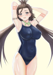 Rule 34 | 1girl, armpits, arms behind head, bad id, bad pixiv id, bare shoulders, blue one-piece swimsuit, blush, body markings, breasts, brown eyes, brown hair, competition school swimsuit, covered erect nipples, facial mark, fate/grand order, fate (series), forehead, forehead mark, highres, higofushi, himiko (fate), jewelry, large breasts, long hair, looking at viewer, magatama, magatama necklace, necklace, one-piece swimsuit, open mouth, school swimsuit, smile, solo, swimsuit, thighs, topknot, twintails