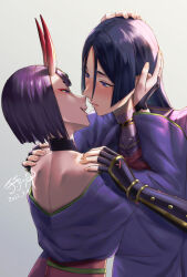 Rule 34 | 2girls, arm guards, blush, bob cut, commentary request, dated, eyeliner, fate/grand order, fate (series), fingerless gloves, gloves, halterneck, hands on another&#039;s head, horns, imminent kiss, japanese clothes, kimono, makeup, minamoto no raikou (fate), multiple girls, off shoulder, parted bangs, purple eyes, purple hair, purple kimono, red eyeliner, shuten douji (fate), signature, skin-covered horns, titiduki (manman-ya), yuri