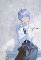 Rule 34 | 1girl, aoaso, black dress, blue eyes, blue hair, brick wall, closed mouth, dagger, dress, female focus, flower, flower necklace, highres, holding, holding dagger, holding knife, holding weapon, jacket, jewelry, knife, light frown, long sleeves, looking at viewer, necklace, original, seat, sheath, short hair, sitting, solo, weapon, white background, white jacket