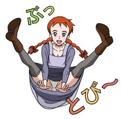 Rule 34 | 1girl, anne of green gables, anne shirley, apron, blue dress, blue eyes, boots, bow, crotch seam, dress, freckles, hair bow, hair ornament, highres, japanese text, jumping, legs up, long sleeves, looking at viewer, omosiro, open hands, open mouth, panties, ponytail, red hair, sexually suggestive, simple background, smile, spread legs, teeth, thighhighs, tongue, underwear, upskirt, white background, world masterpiece theater