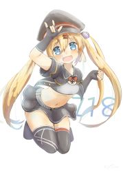 Rule 34 | 1girl, :d, arm over head, azur lane, belt, black gloves, black hat, black shirt, black skirt, black thighhighs, blonde hair, blue eyes, blush, bow, bowtie, bra, breasts, character name, clenched hand, collared shirt, commentary request, cross, elbow gloves, fang, fingerless gloves, full body, gloves, grey belt, hair between eyes, hair ornament, hairclip, hand up, hat, highres, iron cross, legs together, long hair, looking at viewer, m/, midriff, navel, open clothes, open mouth, open shirt, red bow, shirt, short sleeves, sidelocks, simple background, skin fang, skirt, small breasts, smile, solo, thighhighs, training bra, twintails, underwear, white background, yomitsuna, z18 (azur lane), zettai ryouiki