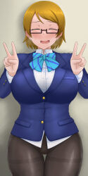 Rule 34 | 1girl, blonde hair, blue bow, blue bowtie, blue jacket, blush, bow, bowtie, brown pantyhose, closed eyes, double v, facing viewer, highres, jacket, koizumi hanayo, long sleeves, love live!, oliver11020, pantyhose, school uniform, shirt, short hair, solo, standing, sweat, thighband pantyhose, v, white shirt